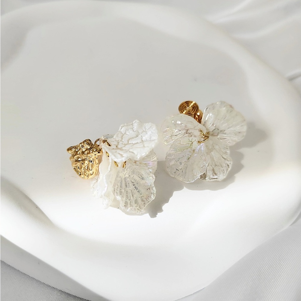 Gold and White Floral Clip-On Earrings